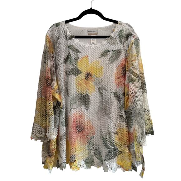 ALFRED DUNNER Charleston Top NWT Multi Colored Floral Net 3/4 Sleeve Top Sz 3X - Picture 4 of 9